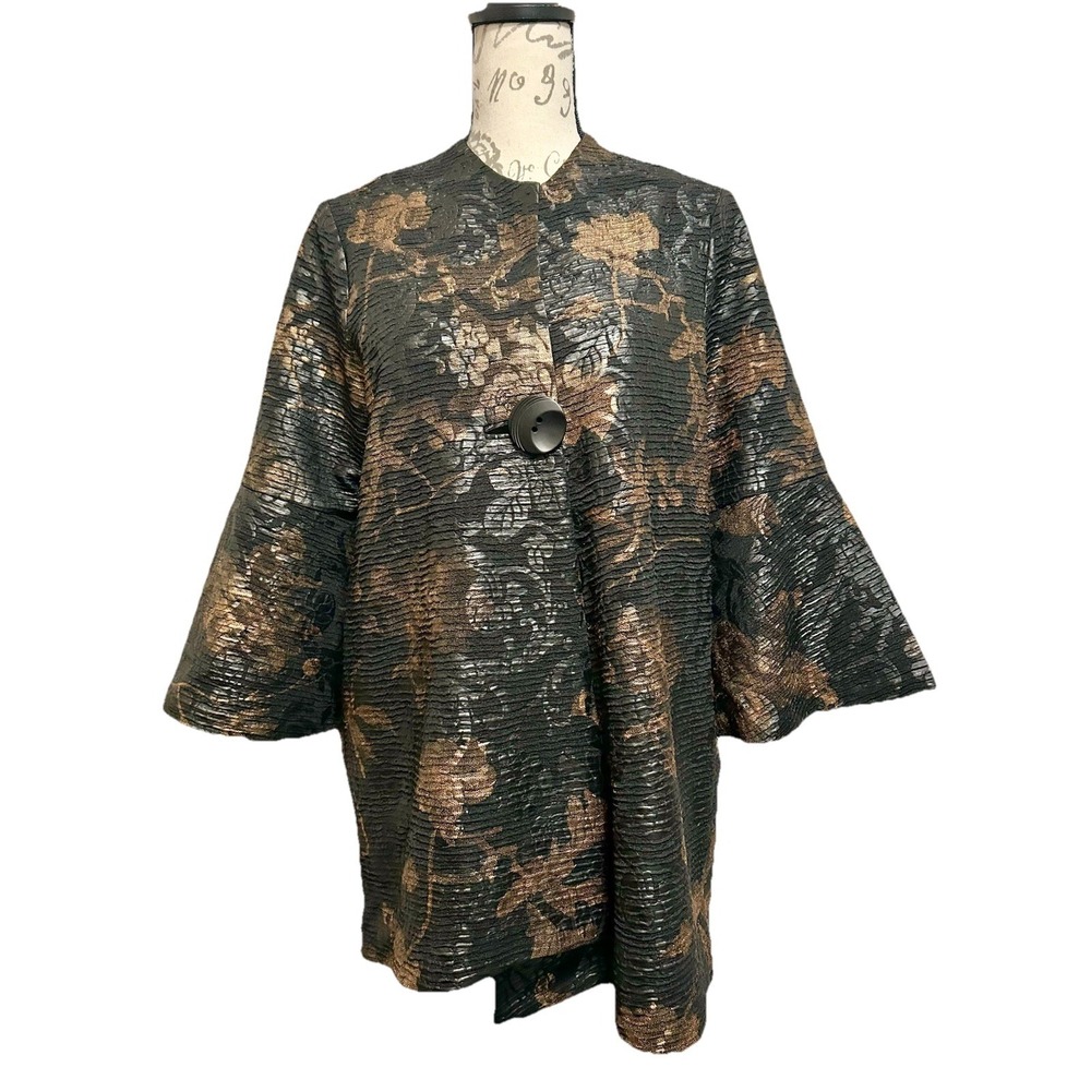 Lior Paris Jacquard Jacket Top S Black Gold Floral Bell Sleeves Pockets